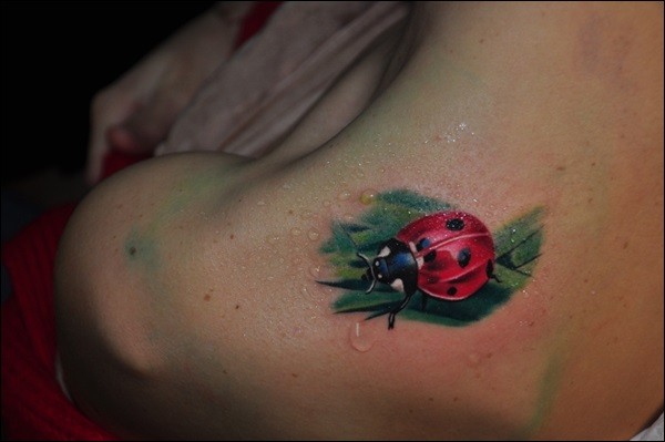 Super realistic ladybug on a leaf of grass tattoo on shoulder blade