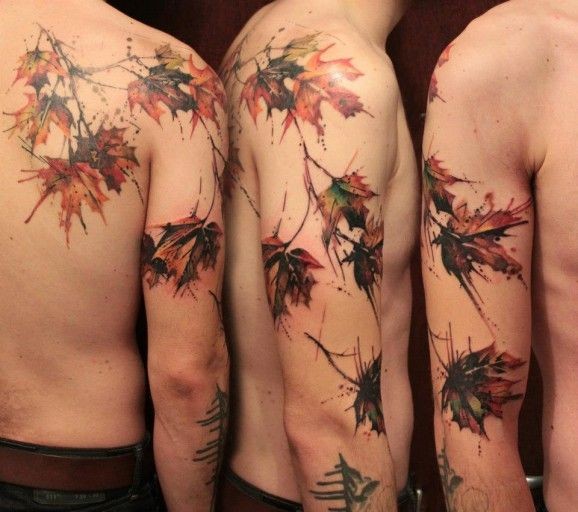 Super realistic maple leaf tattoo on arm by Gene Coffey