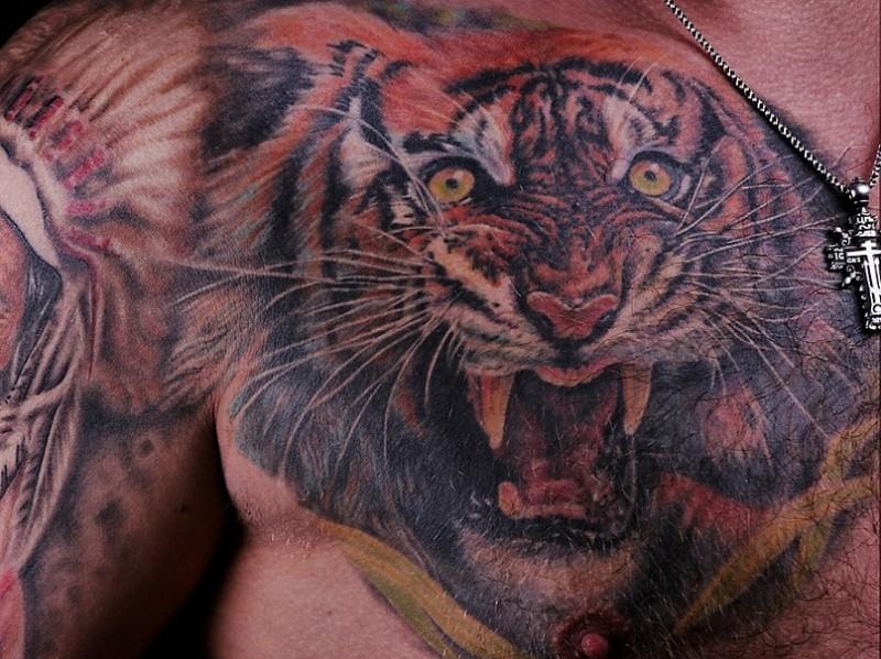 Super realistic tiger head tattoo on chest