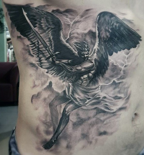 Superior black and white detailed side tattoo of furious angel warrior and lightning