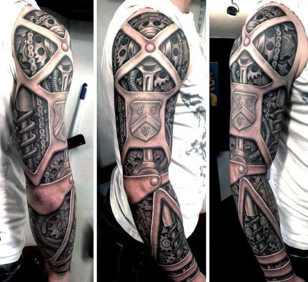 Superior black and white very realistic mechanical tattoo on sleeve