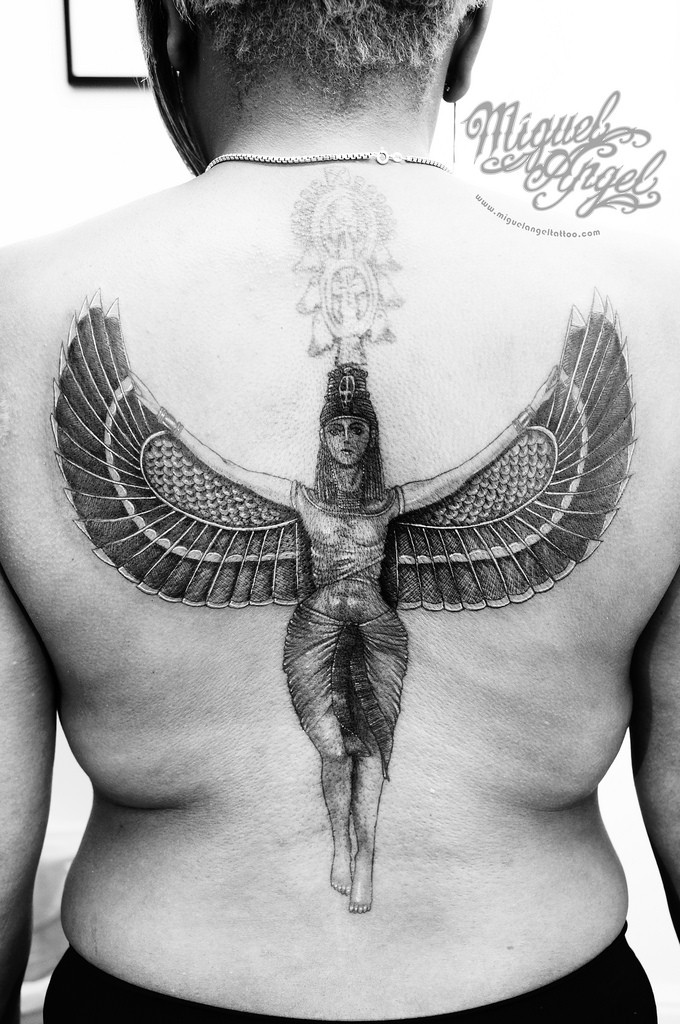 Superior black and white whole back tattoo of mystical woman with wings
