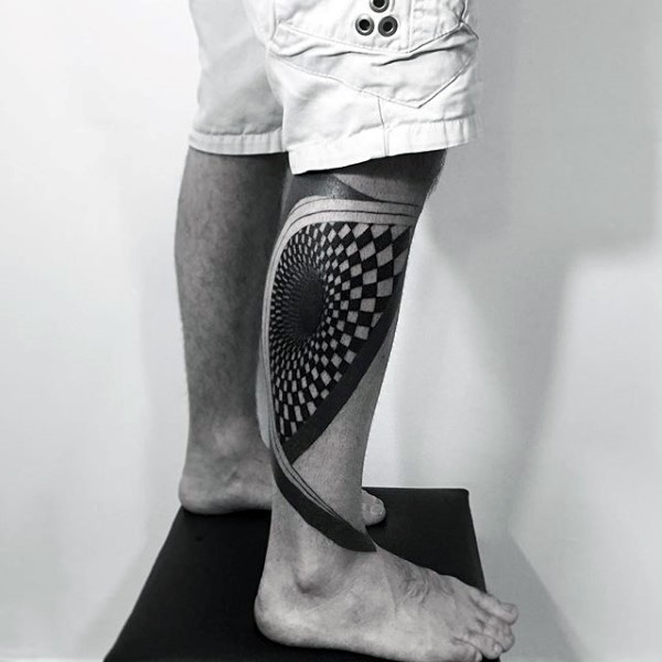 Superior black ink leg tattoo of geometrical figure
