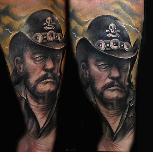 Superior colored forearm tattoo of cowboy face