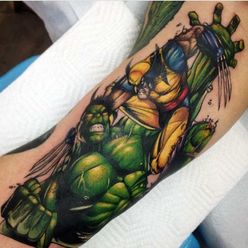 Superior colored forearm tattoo of Hulk and Wolverine heroes