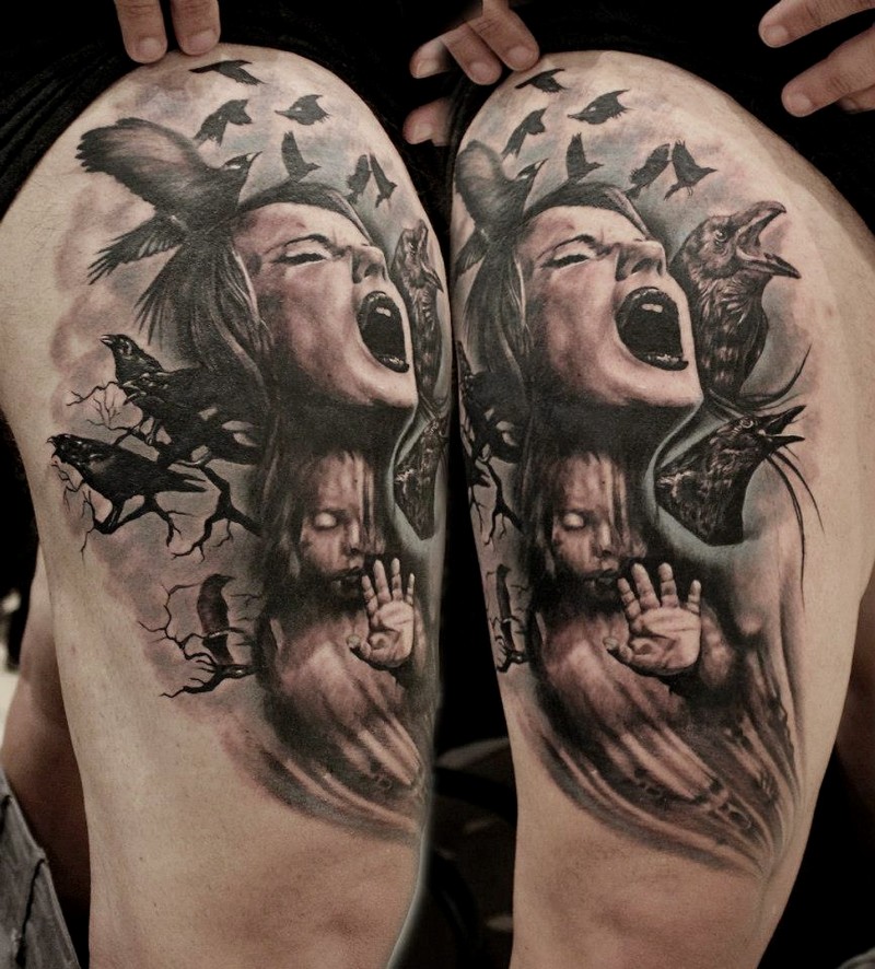 Superior colored thigh tattoo of screaming woman with girl and crows