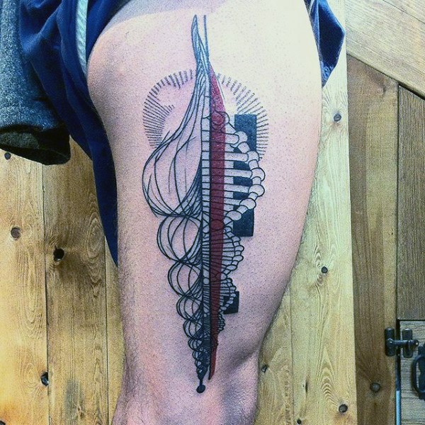 Superior designed and colored big DNA tattoo on thigh