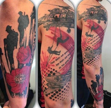 Superior designed and colored military memorial tattoo on sleeve with lettering