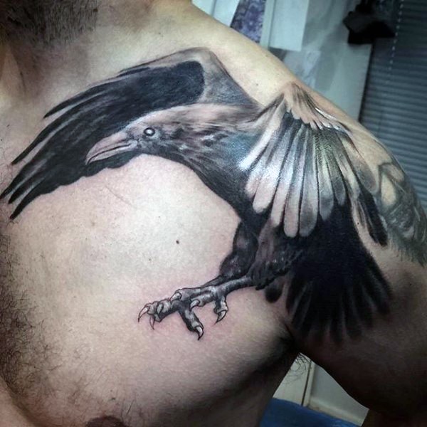 Superior designed colored big flying crow tattoo on shoulder