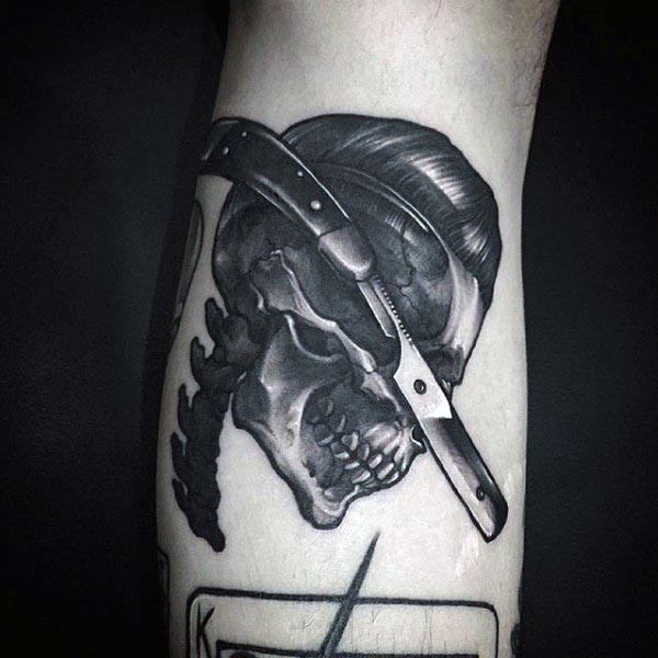 Superior Engraving style leg tattoo of human skeleton with razor blade