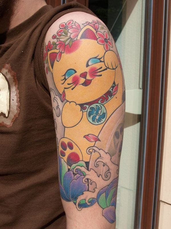 Superior para meninas estilo ombro colorido tatuagem de sorte gato com flores