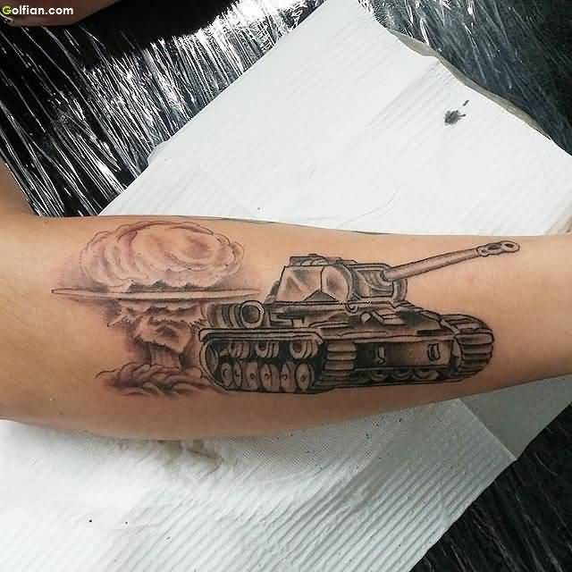 Superior illustrative style arm tattoo of WW2 tank