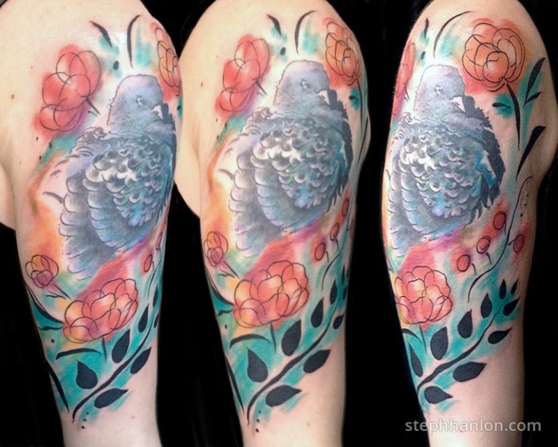Superior illustrative style colored shoulder tattoo of pigeon with flowers