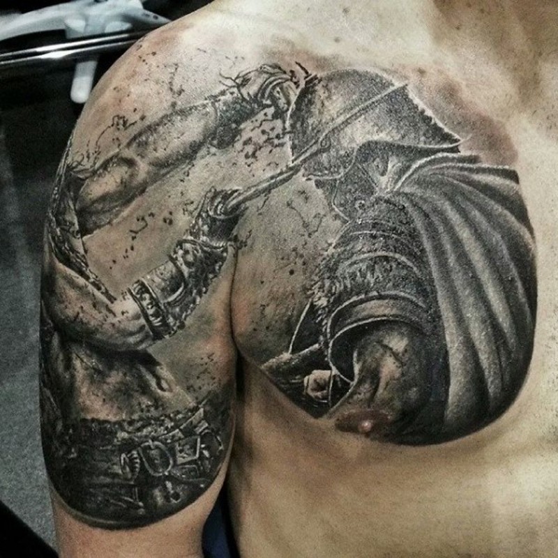Superior looking black and white detailed ancient warriors bloody fight tattoo on shoulder and chest