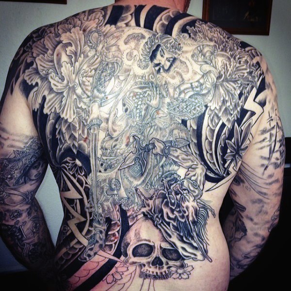 Superior massive very detailed Asian samurai warrior tattoo on whole back with skulls