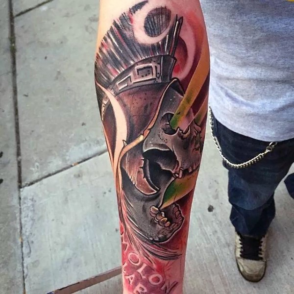 Superior multicolored demonic skull tattoo on arm