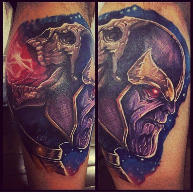 Superior painted and colored leg tattoo of Marvel villain