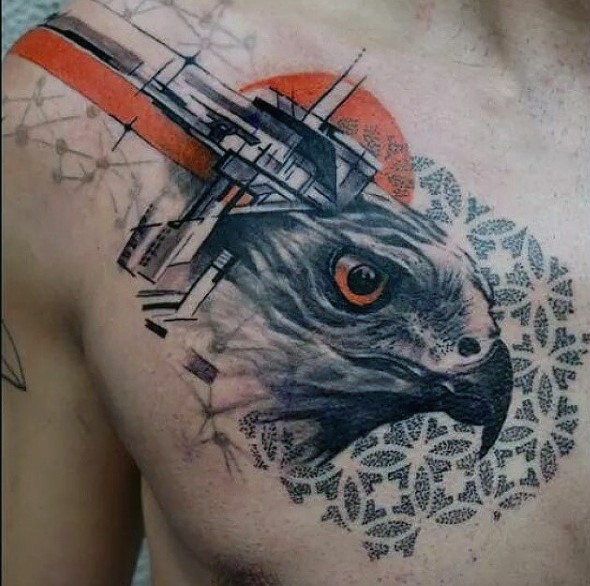 Superior painted colored eagle head tattoo on chest