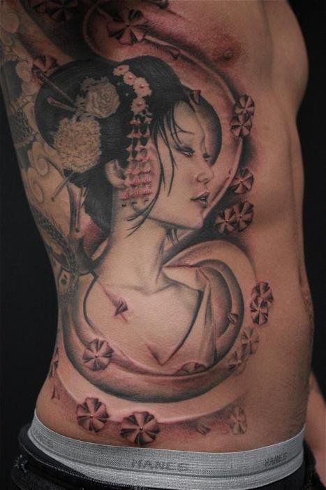 Superior painted cute and seductive Asian geisha with flowers tattoo on side