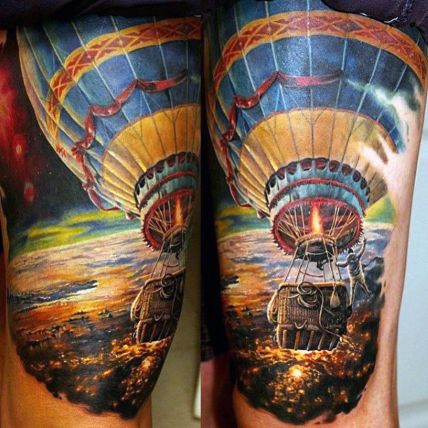 Superior painted gorgeous colorful flying balloon tattoo on thigh