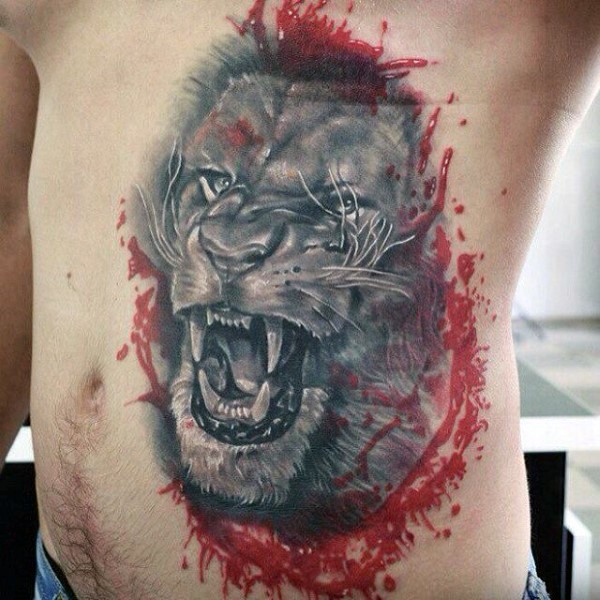 Superior realism style colored side tattoo of roaring tiger