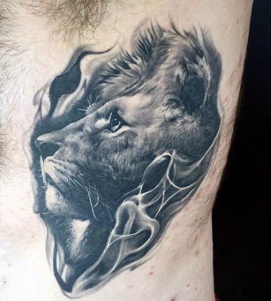 Superior realism style very detailed side tattoo of steady lion