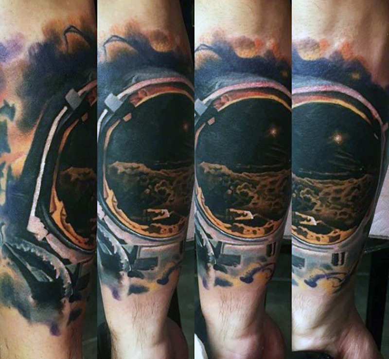 Superior very detailed astronaut in space black ink tattoo on arm