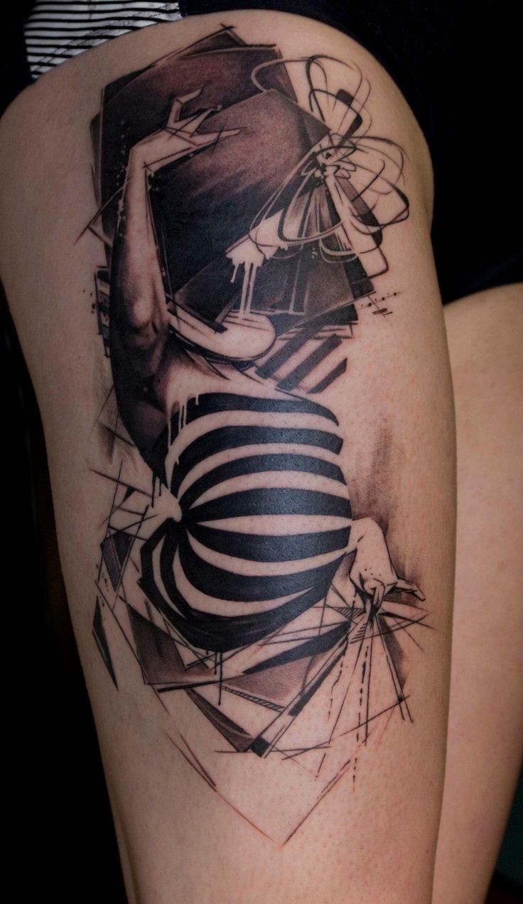 Surrealism style black and white human body with books head tattoo on thigh