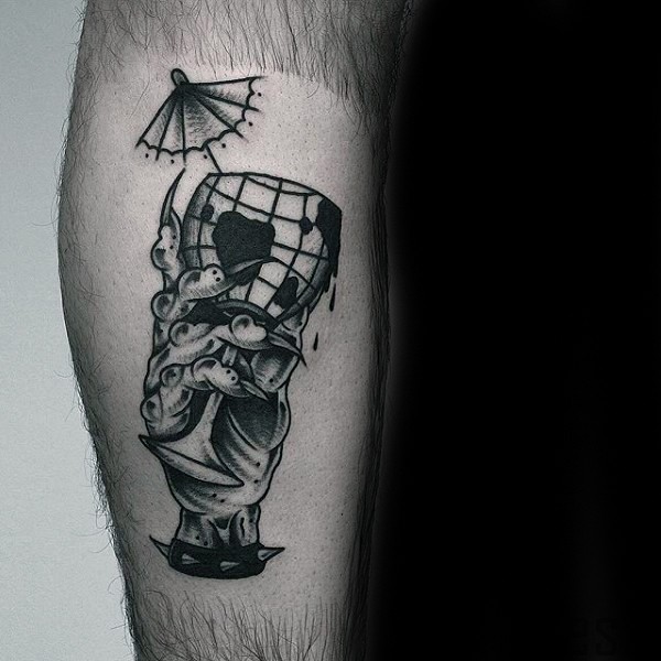 Surrealism style black ink arm tattoo of monster hand holding glass