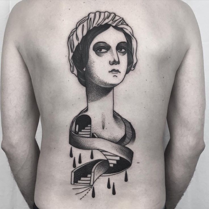 Surrealism style black ink back tattoo of woman with stairs