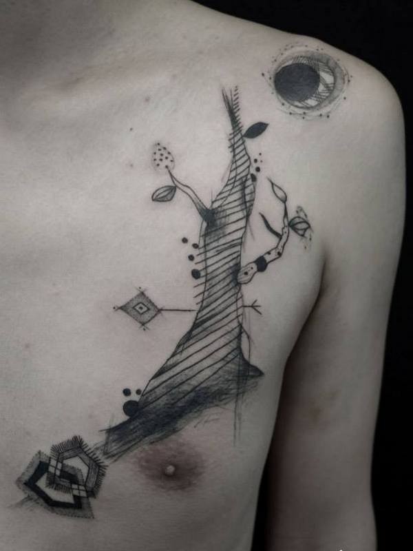 Surrealism style black ink chest tattoo of interesting looking tree with moon
