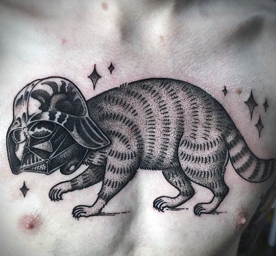 Surrealism style black ink chest tattoo of raccoon with Darth Vader&quots helmet