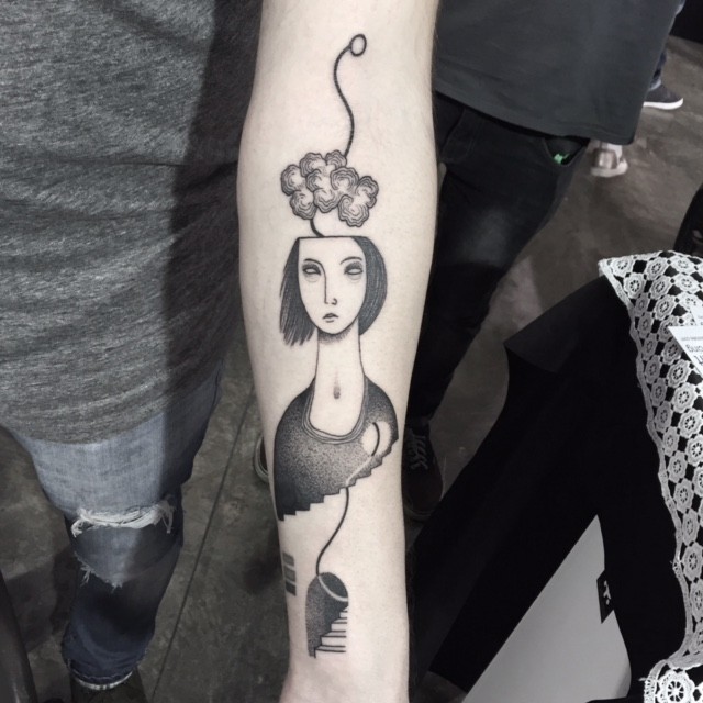 Surrealism style black ink forearm tattoo of mystical woman