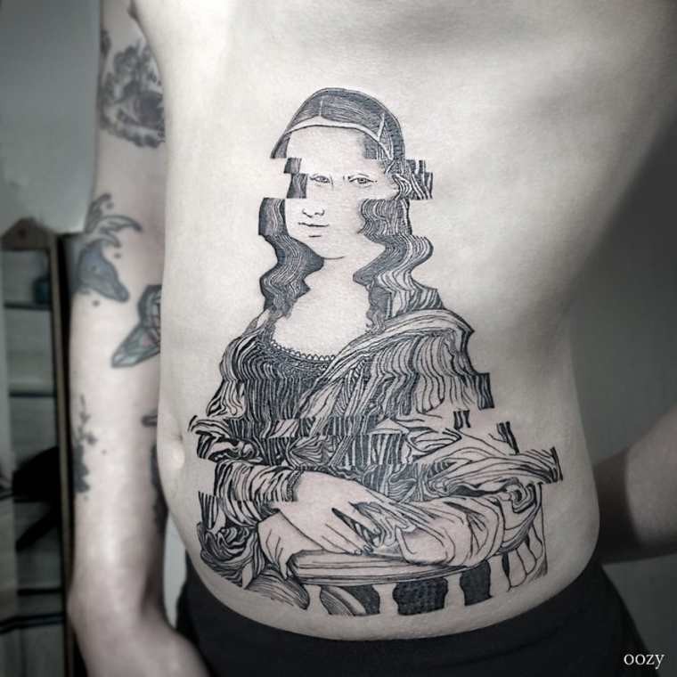 Surrealism style black ink large Mona Lisa portrait tattoo on side