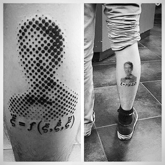 Surrealism style black ink leg tattoo of human portrait with lettering