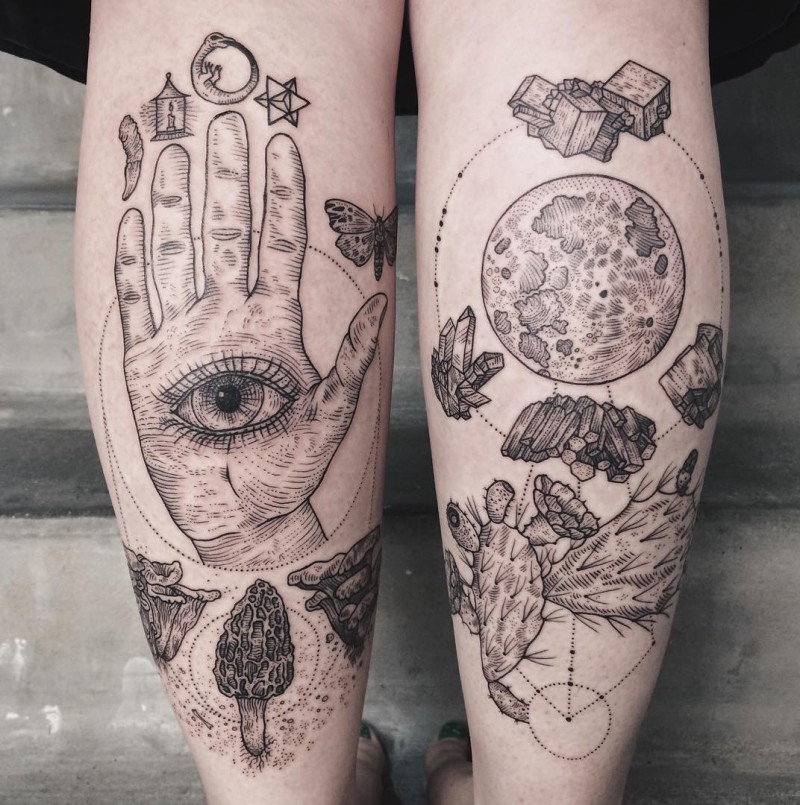 Surrealism style black ink legs tattoo of various mystic symbols