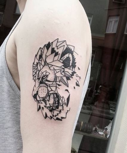 Surrealism style black ink shoulder lion tattoo