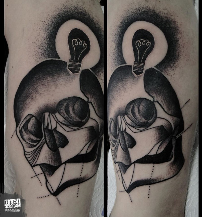 Surrealism style black ink shoulder tattoo of human skull with bulb