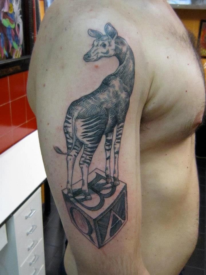 Surrealism style black ink shoulder tattoo of unbelievable animal with cube