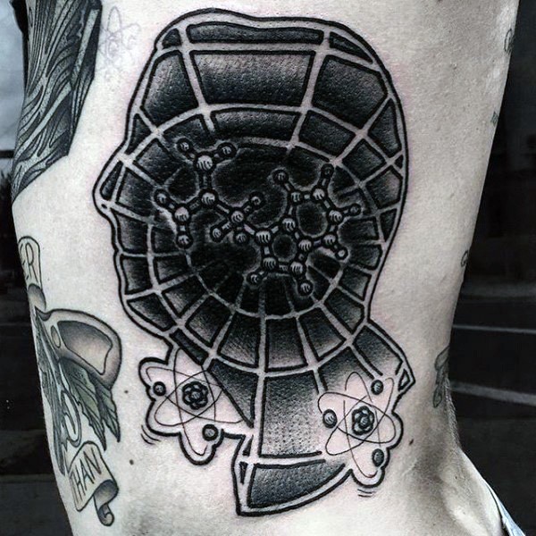 Surrealism style black ink side tattoo of man