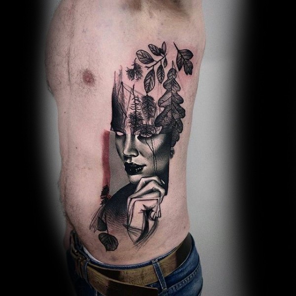 Surrealism style black ink side tattoo of woman face with leaves