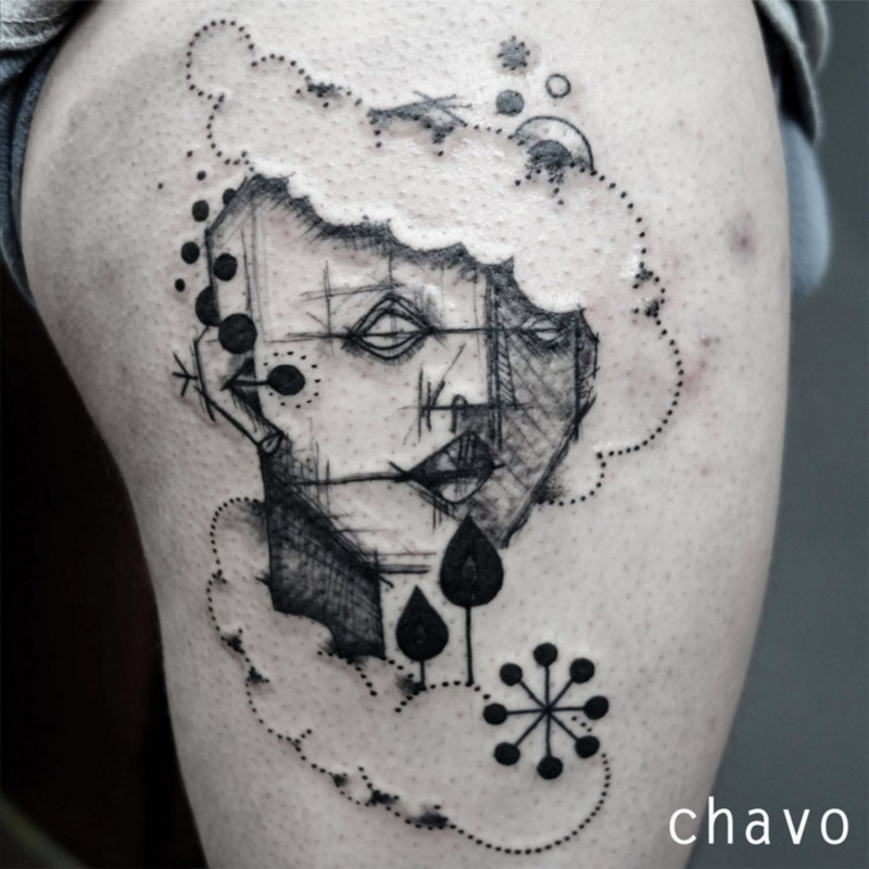 Surrealism style black ink thigh tattoo of man portrait with symbols