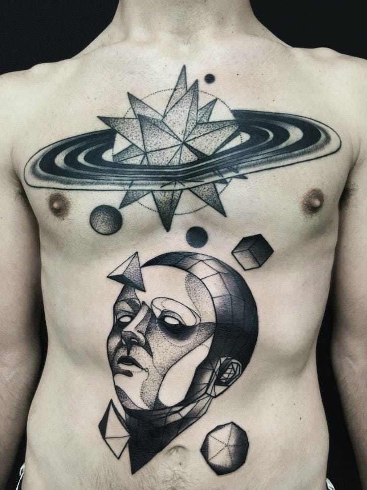 Surrealism style blackwork style chest and belly tattoo of human head with geometrical figures by Michele Zingales