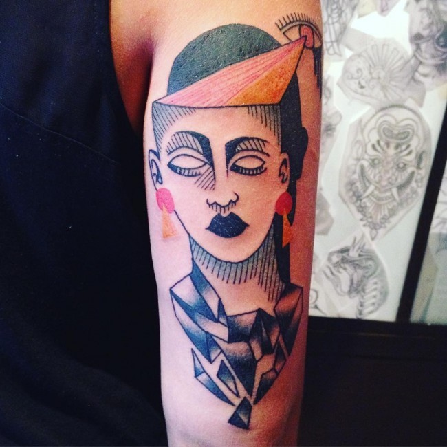 Surrealism style colored arm tattoo of mystic portrait with eye