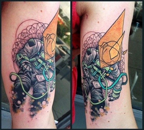 Surrealism style colored arm tattoo of astronaut with various ornaments