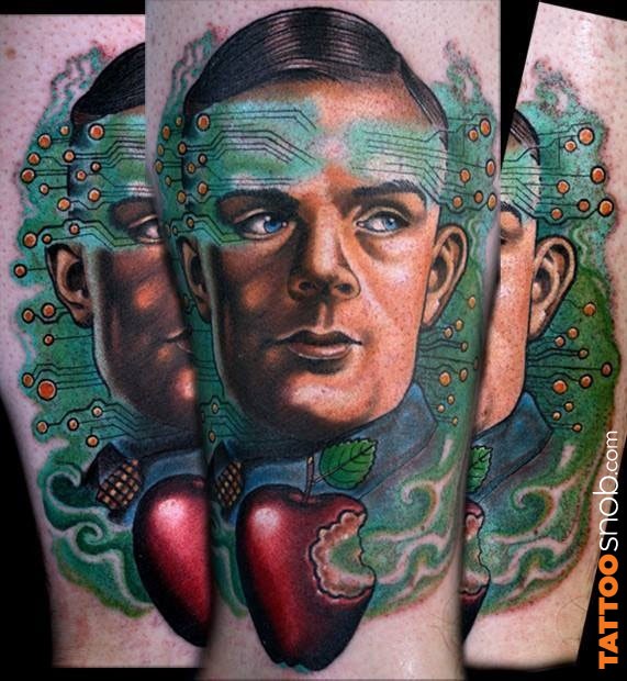 Surrealism style colored arm tattoo of man with electronics and apple