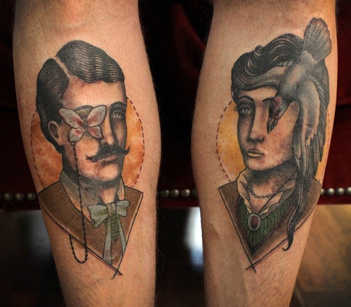 Surrealism style colored arms tattoo of man and woman portraits with bird and butterfly