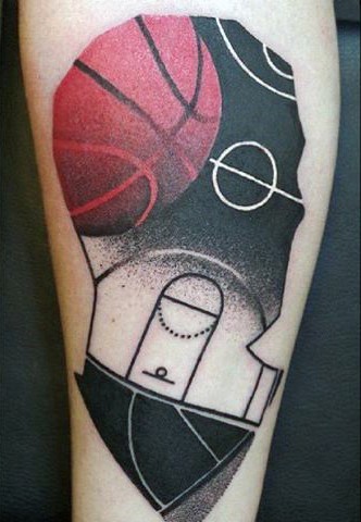 Surrealism style colored basketball themed shoulder tattoo