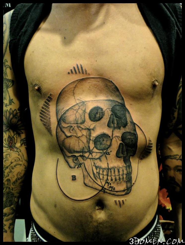 Surrealism style colored belly tattoo of human skulls with symbols
