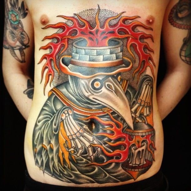 Surrealism style colored belly tattoo of  plague doctor with burning hat